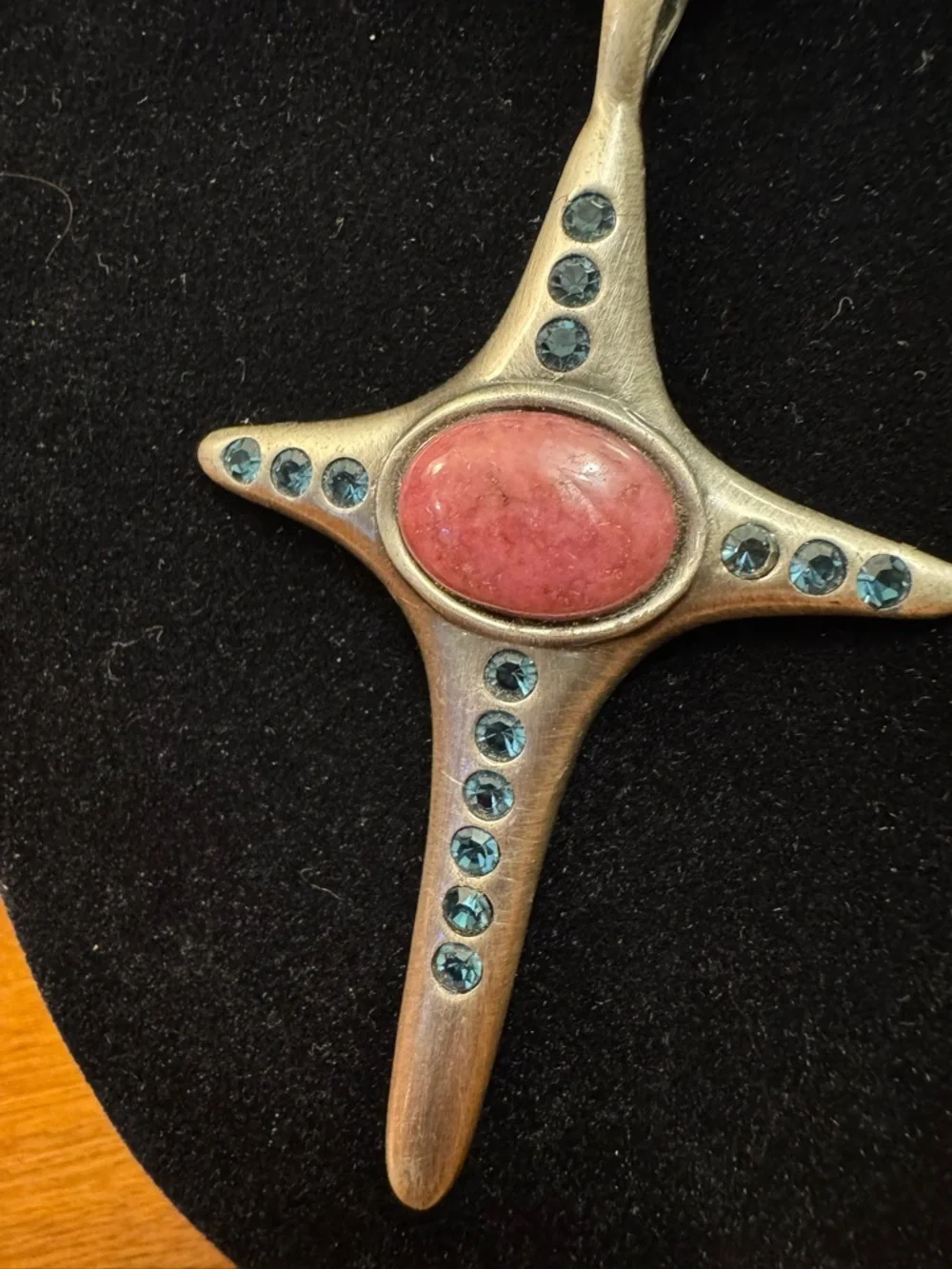 Antiqued Silver-Tone Cross Pendant Necklace w/ Pink and Blue Accent Stones